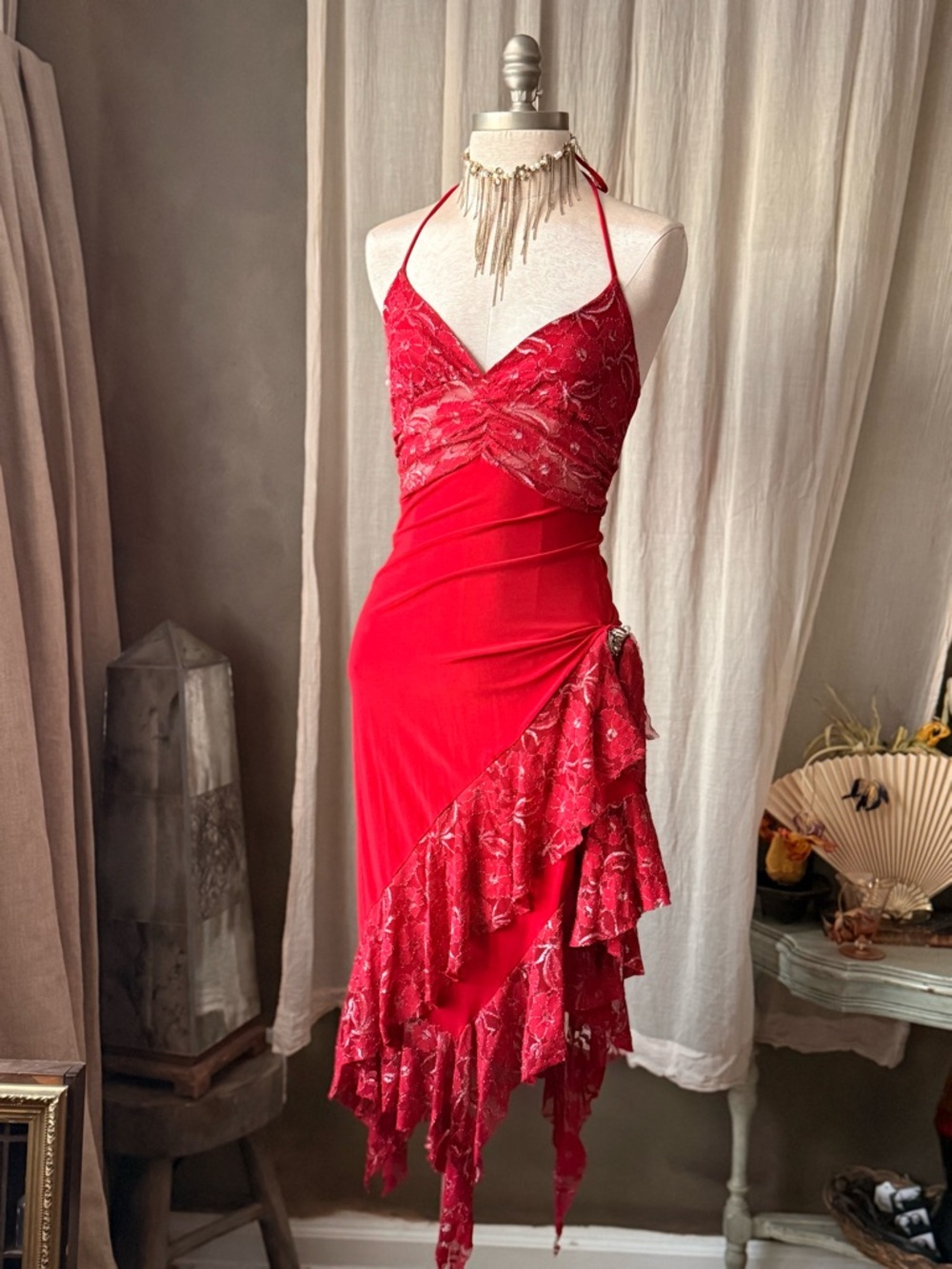 True vintage red lace fairycore whimsygoth prom dress y2k asymmetrical hem